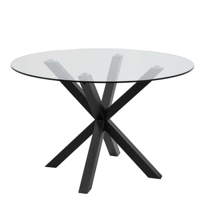 Perth 119cm Clear Glass Round Dining Table Industrial Black Metal Legs