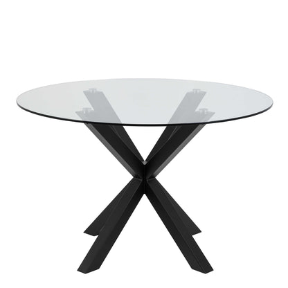 Perth 119cm Clear Glass Round Dining Table Industrial Black Metal Legs