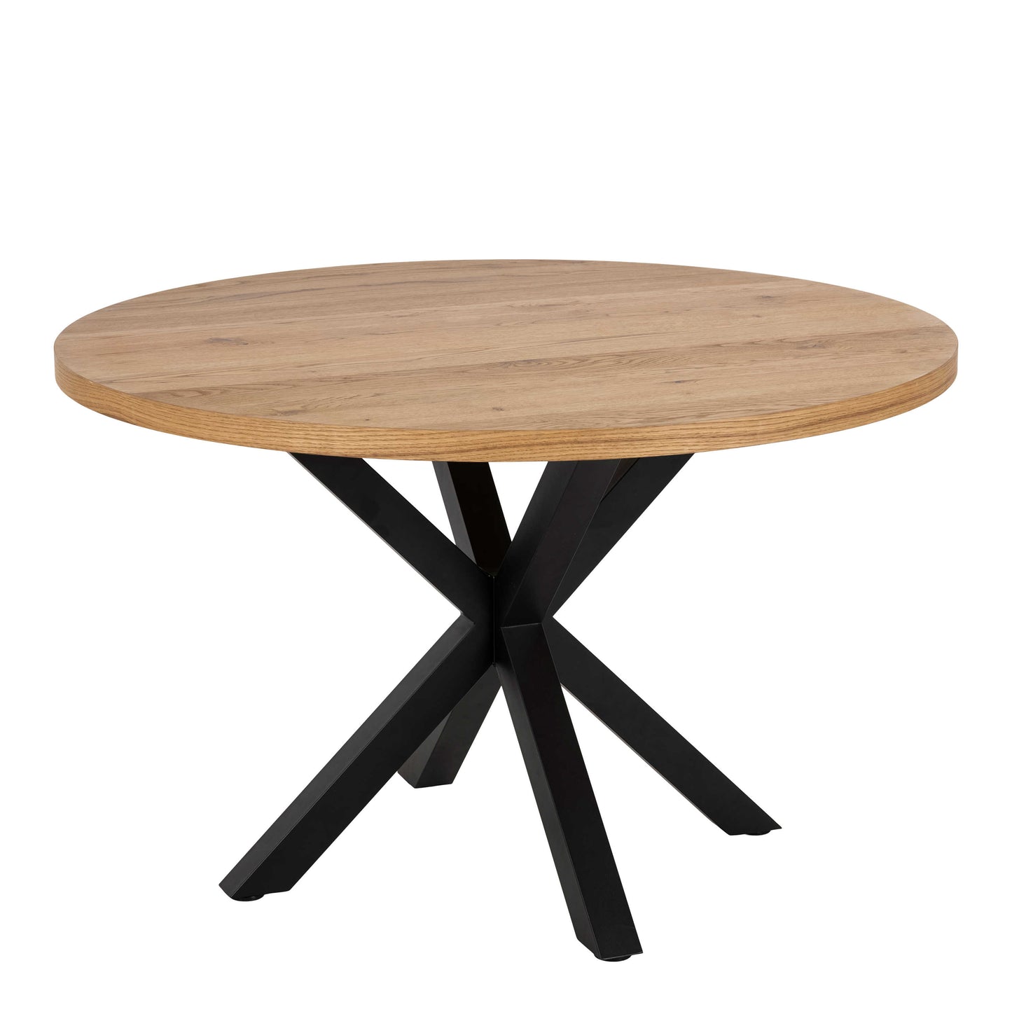 Perth 120cm Natural Oak Veneer Round Dining Table Industrial Black Metal Legs