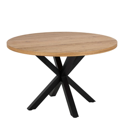 Perth 120cm Natural Oak Veneer Round Dining Table Industrial Black Metal Legs