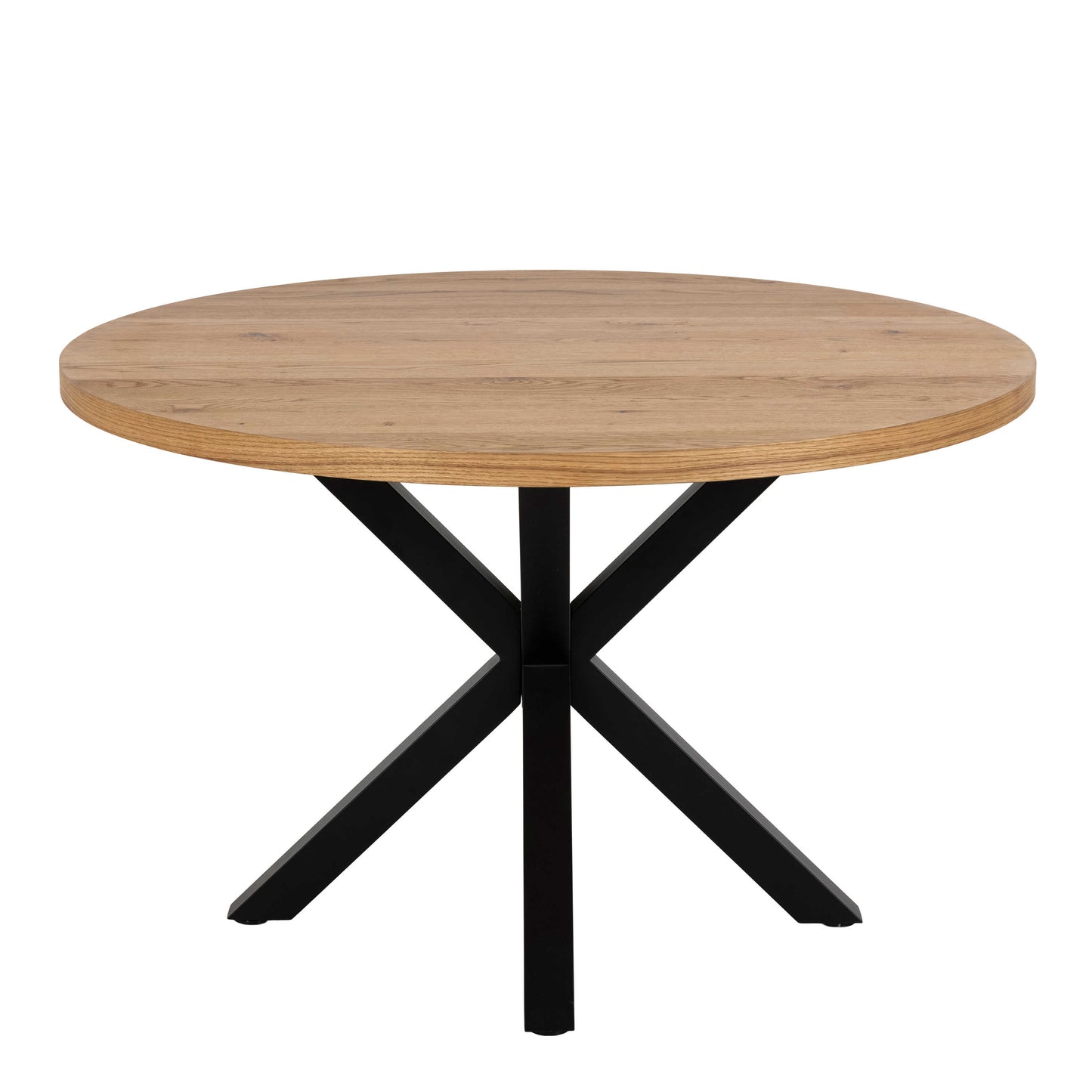 Perth 120cm Natural Oak Veneer Round Dining Table Industrial Black Metal Legs