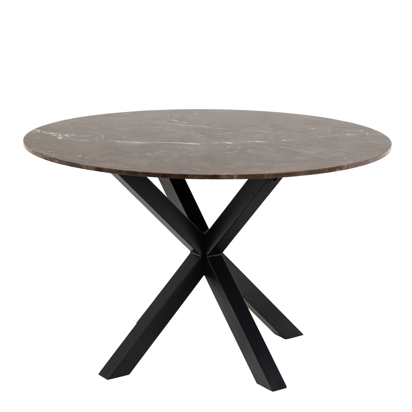 Perth 120cm Brown Polished Marble Round Dining Table Industrial Black Metal Legs