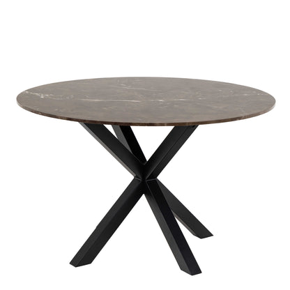 Perth 120cm Brown Polished Marble Round Dining Table Industrial Black Metal Legs