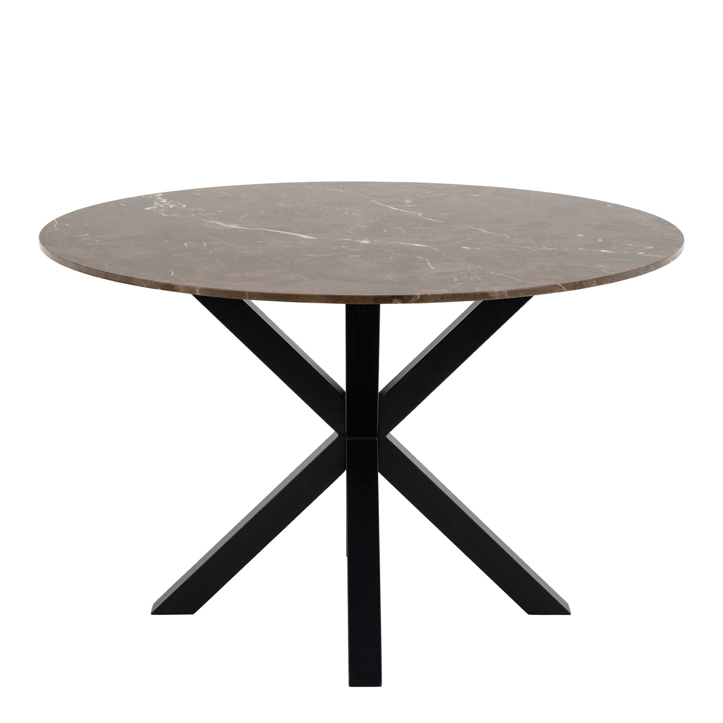 Perth 120cm Brown Polished Marble Round Dining Table Industrial Black Metal Legs