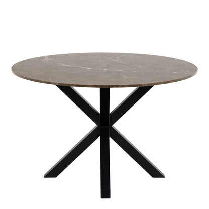 Perth 120cm Brown Polished Marble Round Dining Table Industrial Black Metal Legs