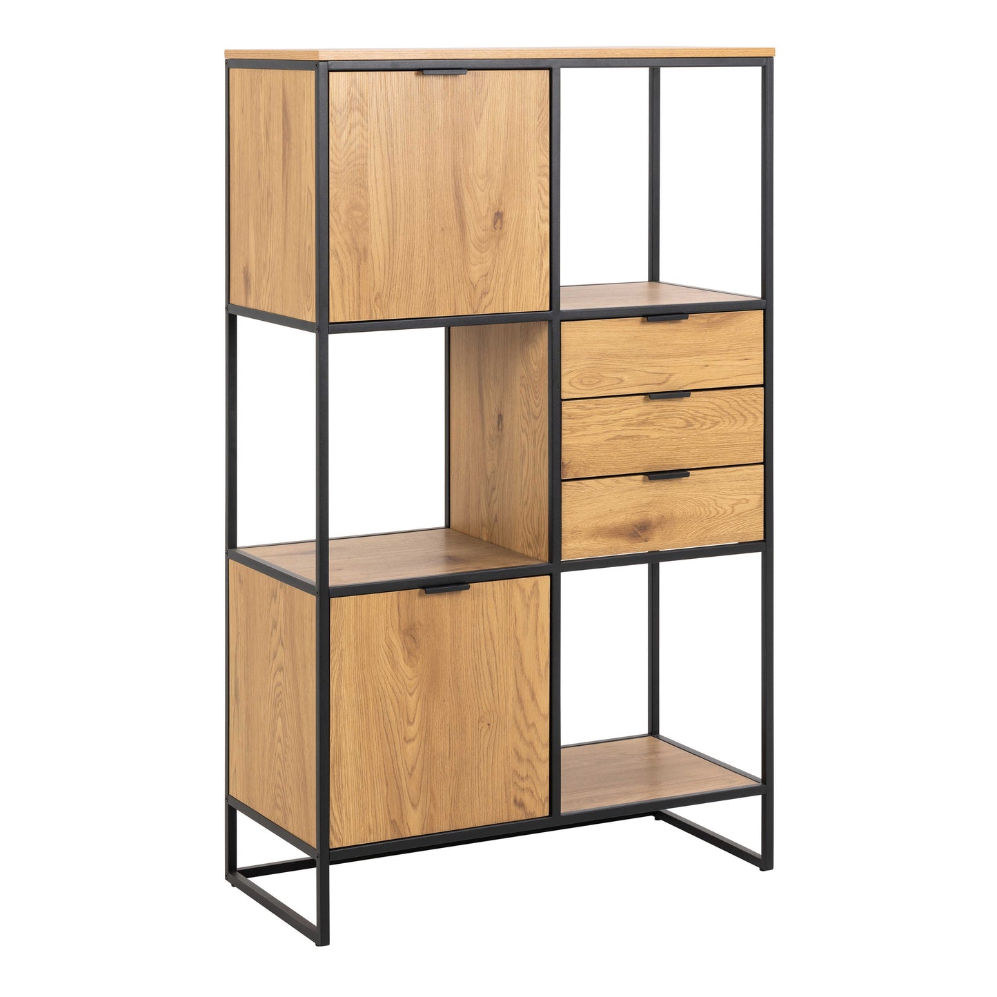 Bologna Black Steel and Wild Oak Bookcase 2 Doors 3 Drawers 3 Open Shelves