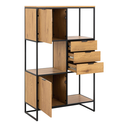 Bologna Black Steel and Wild Oak Bookcase 2 Doors 3 Drawers 3 Open Shelves