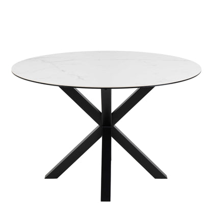 Perth 119cm White Ceramic Round Dining Table Industrial Black Metal Legs
