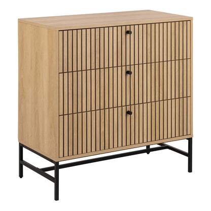 Bjork Natural Oak Wood and Black Panelled Wide Chest of 3 Drawers