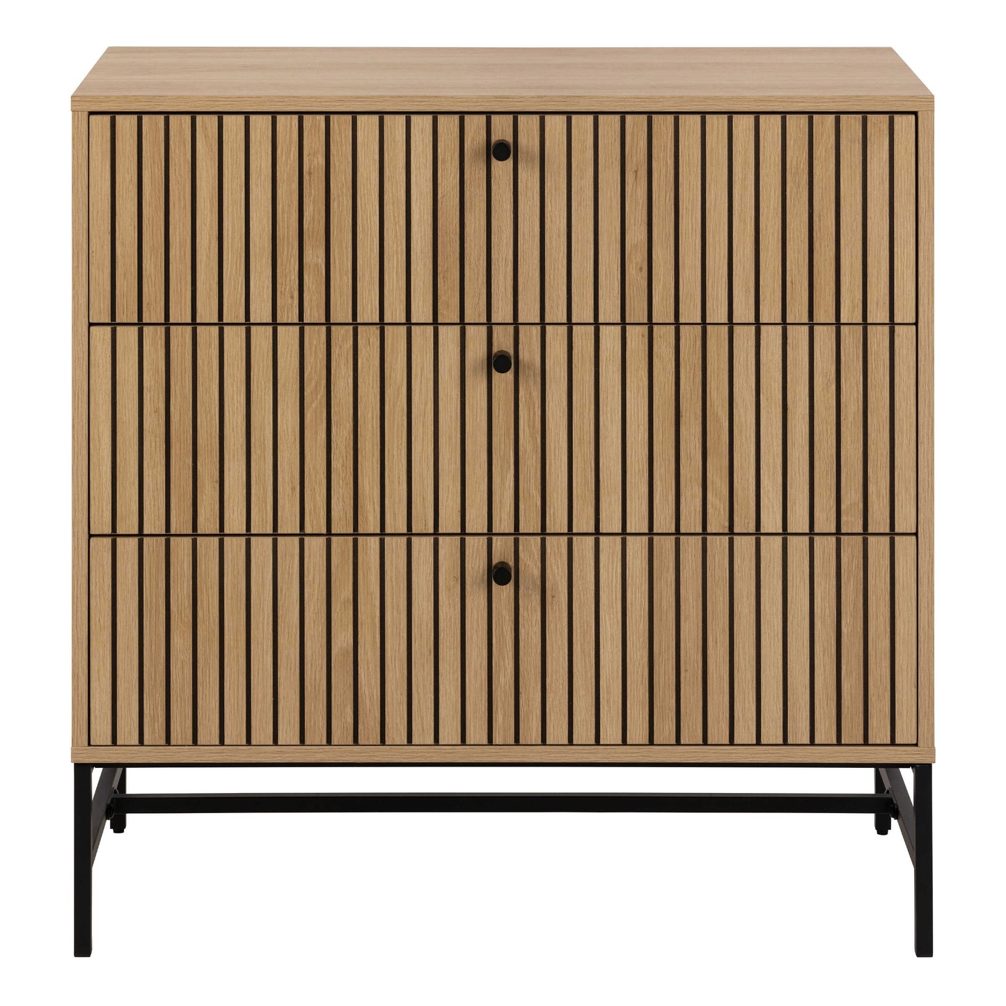 Bjork Natural Oak Wood and Black Panelled Wide Chest of 3 Drawers