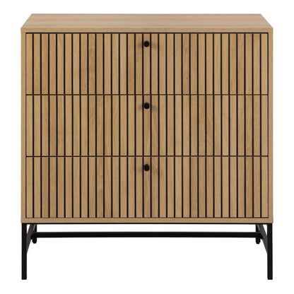 Bjork Natural Oak Wood and Black Panelled Wide Chest of 3 Drawers
