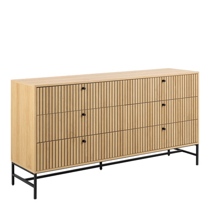 Bjork Natural Oak Wood and Black Panelled Wide Chest of 6 Drawers