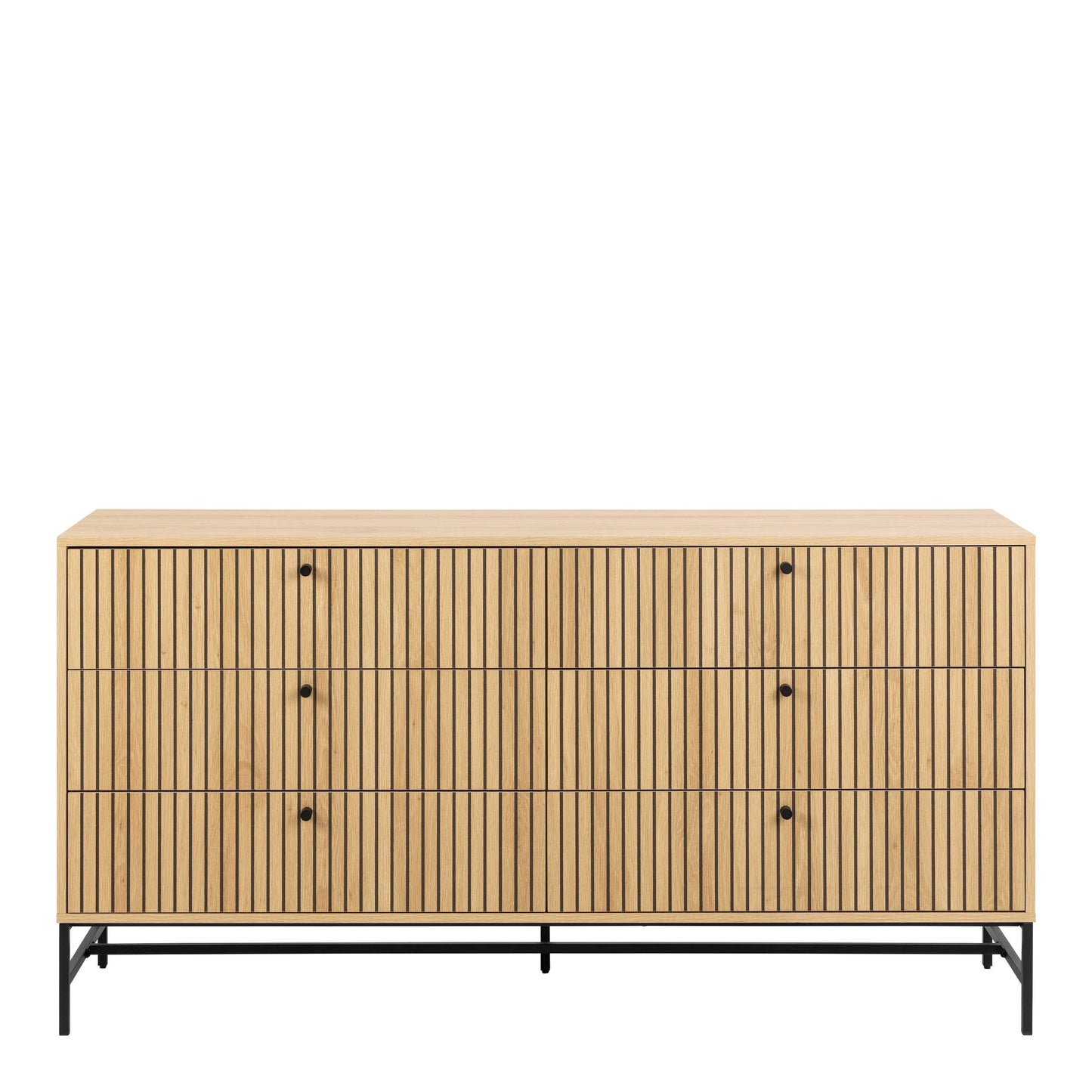Bjork Natural Oak Wood and Black Panelled Wide Chest of 6 Drawers