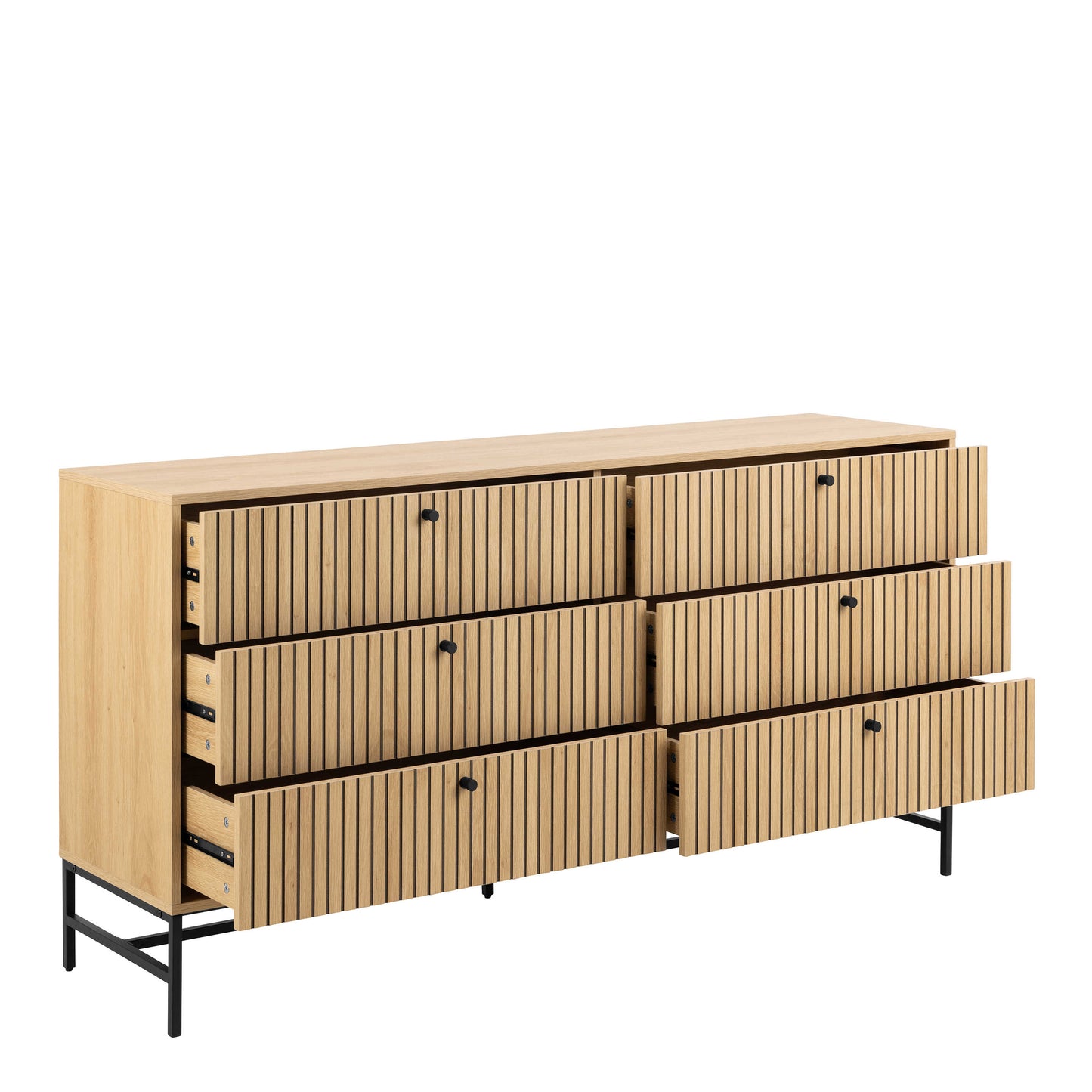 Bjork Natural Oak Wood and Black Panelled Wide Chest of 6 Drawers