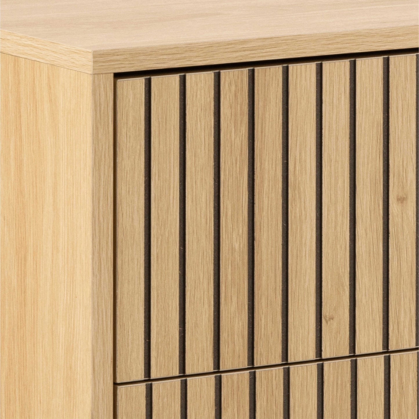 Bjork Natural Oak Wood and Black Panelled Wide Chest of 6 Drawers