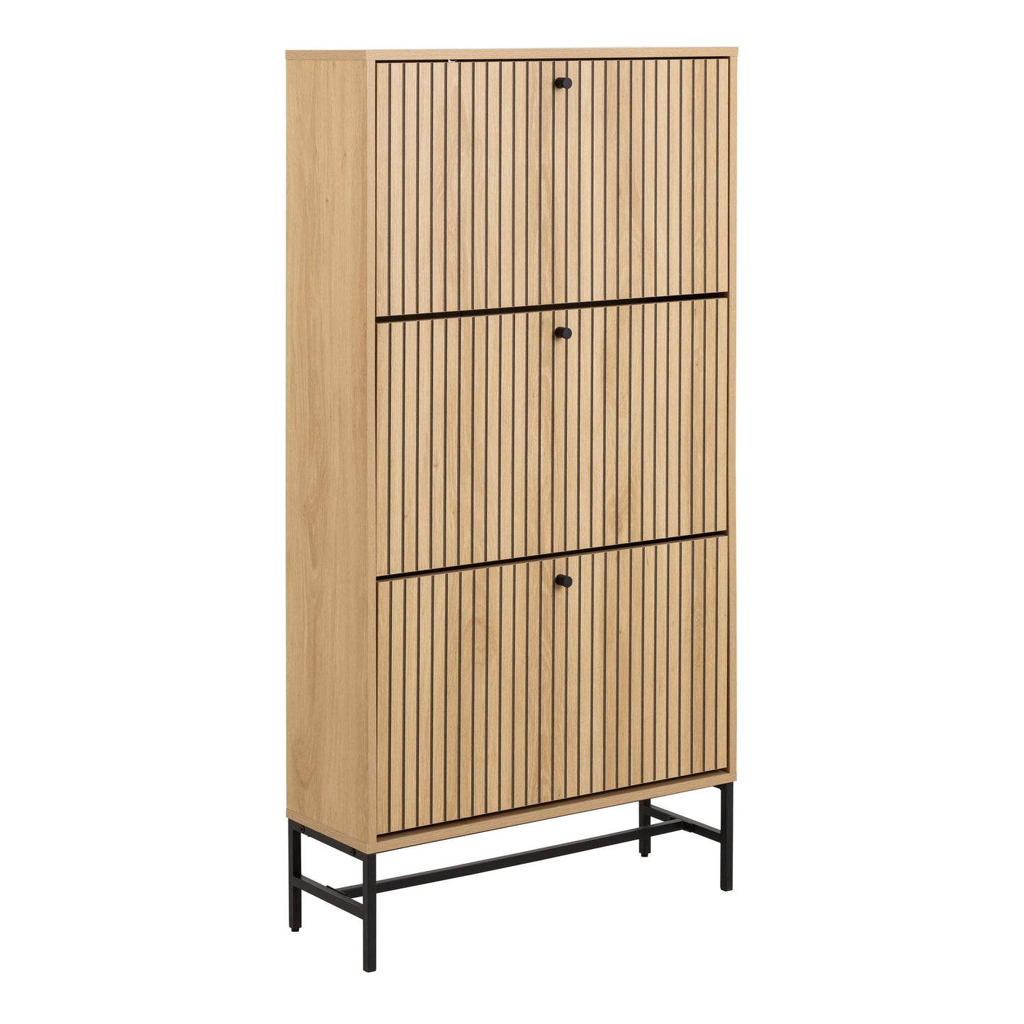 Bjork Natural Oak Wood and Black Panelled Shoe Cabinet 3 Doors