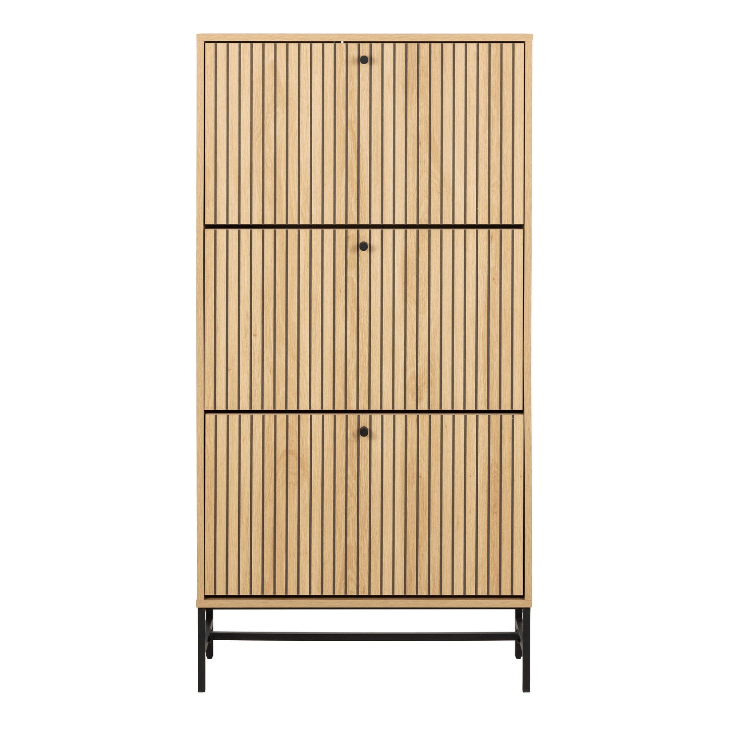 Bjork Natural Oak Wood and Black Panelled Shoe Cabinet 3 Doors