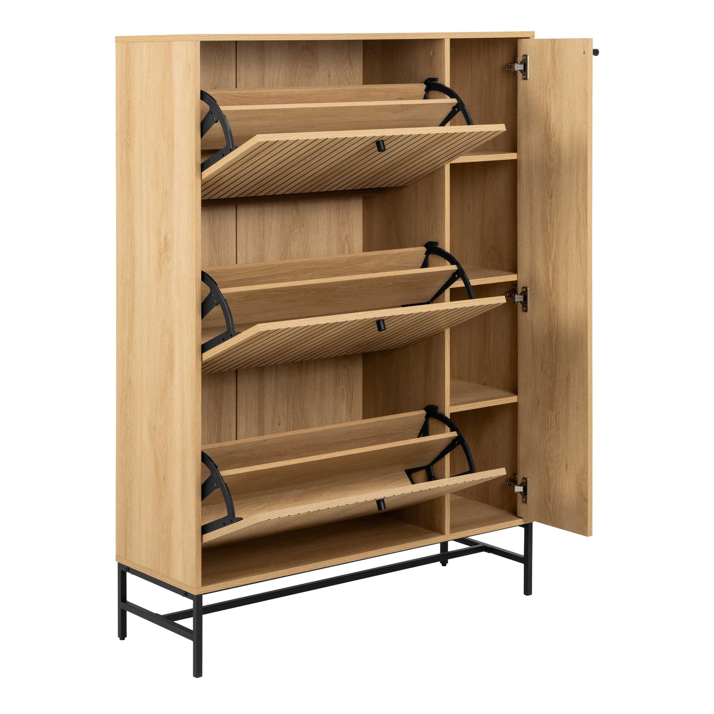 Bjork Natural Oak Wood and Black Panelled Shoe Cabinet 4 Doors