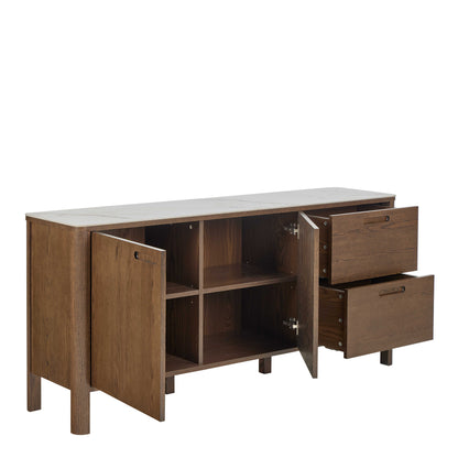 Cork  Oak Veneer Sideboard with Cream Ceramic Top 2 Doors 2 Drawers