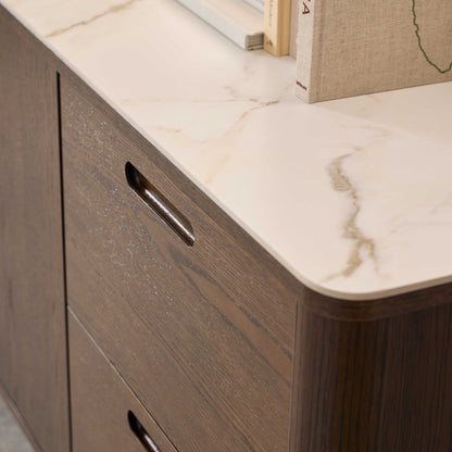 Cork  Oak Veneer Sideboard with Cream Ceramic Top 2 Doors 2 Drawers