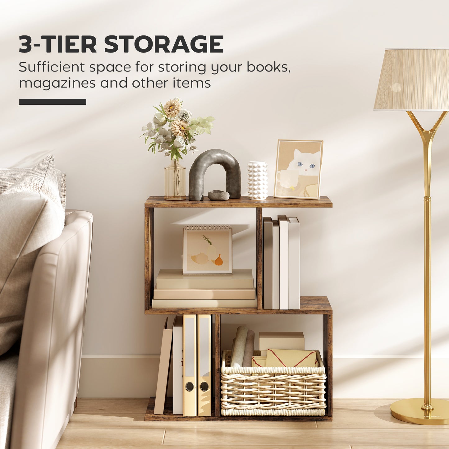 Rose Wooden Rustic Brown Narrow S Shaped Side Table With 3 Tier Shelves