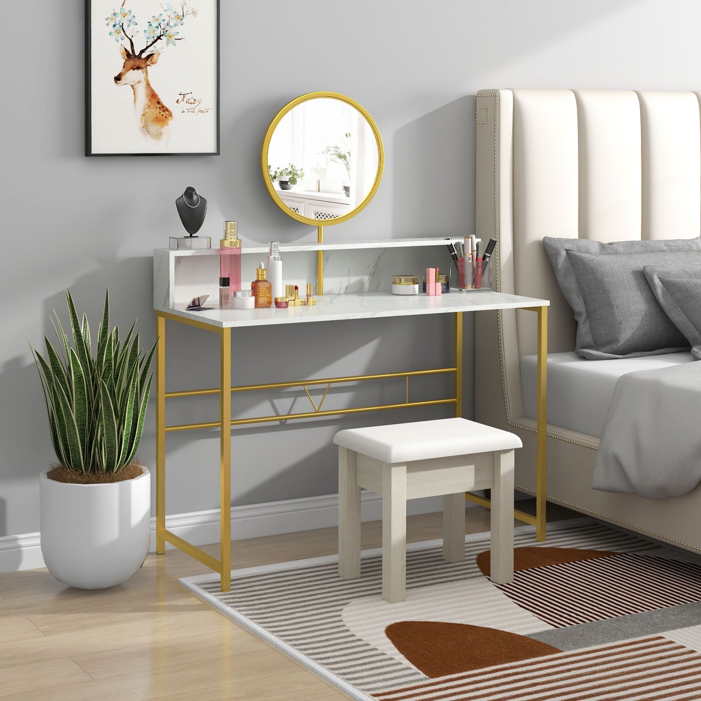 Toel White Faux Marble Dressing Table With Round Mirror Steel Frame And OFauxn Storage