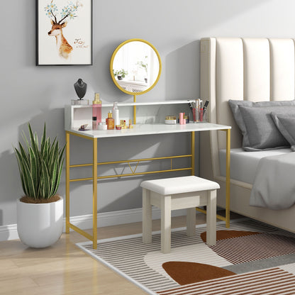 Toel White Faux Marble Dressing Table With Round Mirror Steel Frame And OFauxn Storage