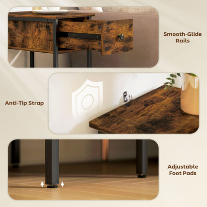 Matone Wooden Rustic Brown Narrow Side Table With Drawer And Lower Shelf