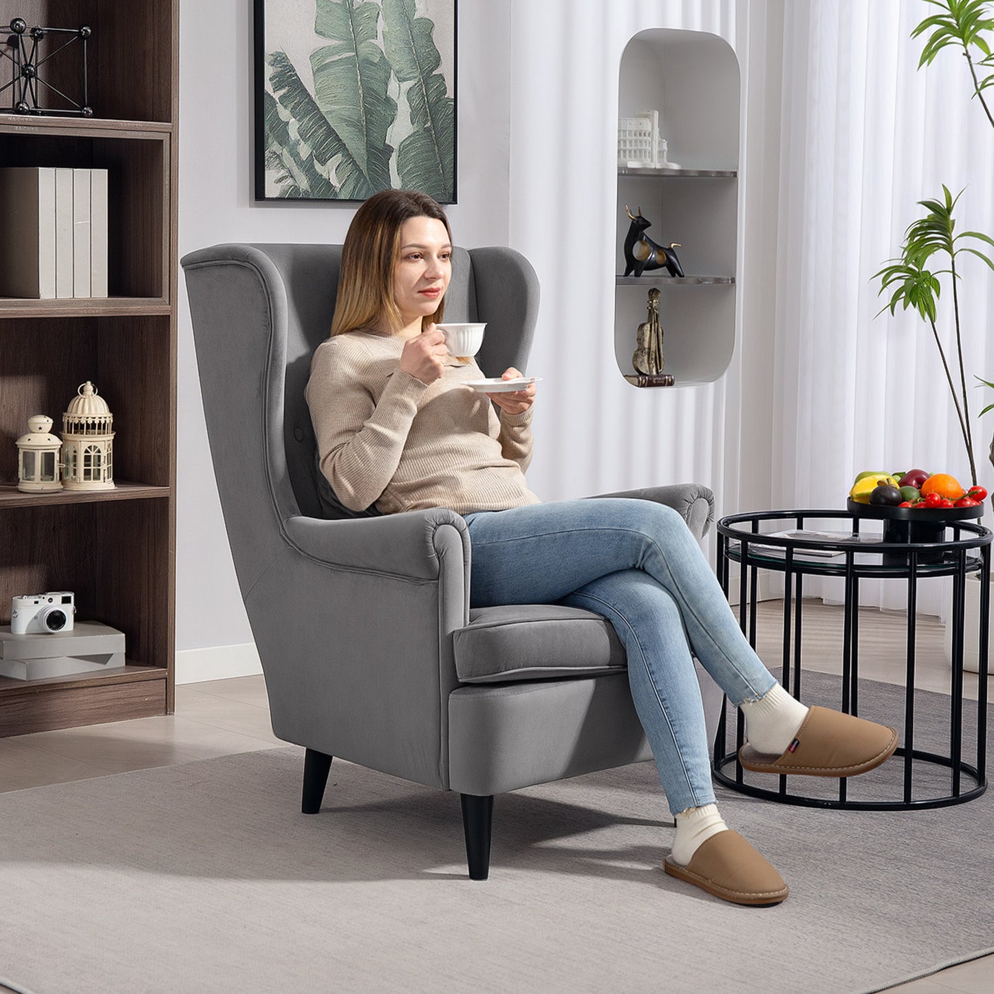 Harire Grey Velvet Wingback Accent Chair With High Back Pillow And Wooden Legs