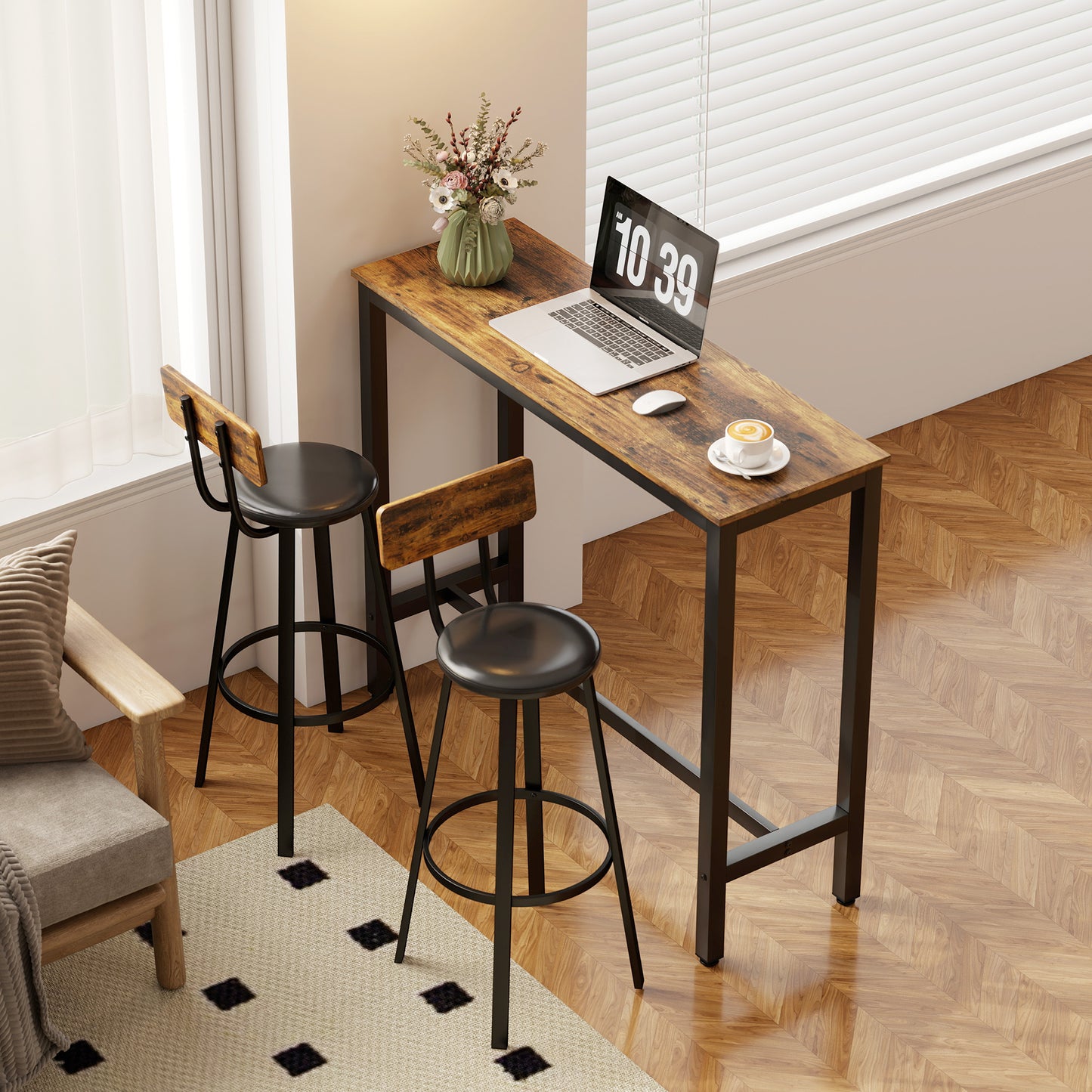 Namto Set Of 2 Brown And Black Industrial Steel Frame Bar Stools