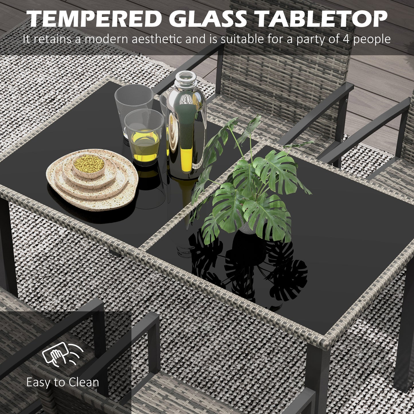 Saka Rattan Grey 4 Seater Outdoor Garden Dining Set With Tempered Glass Table And Chairs