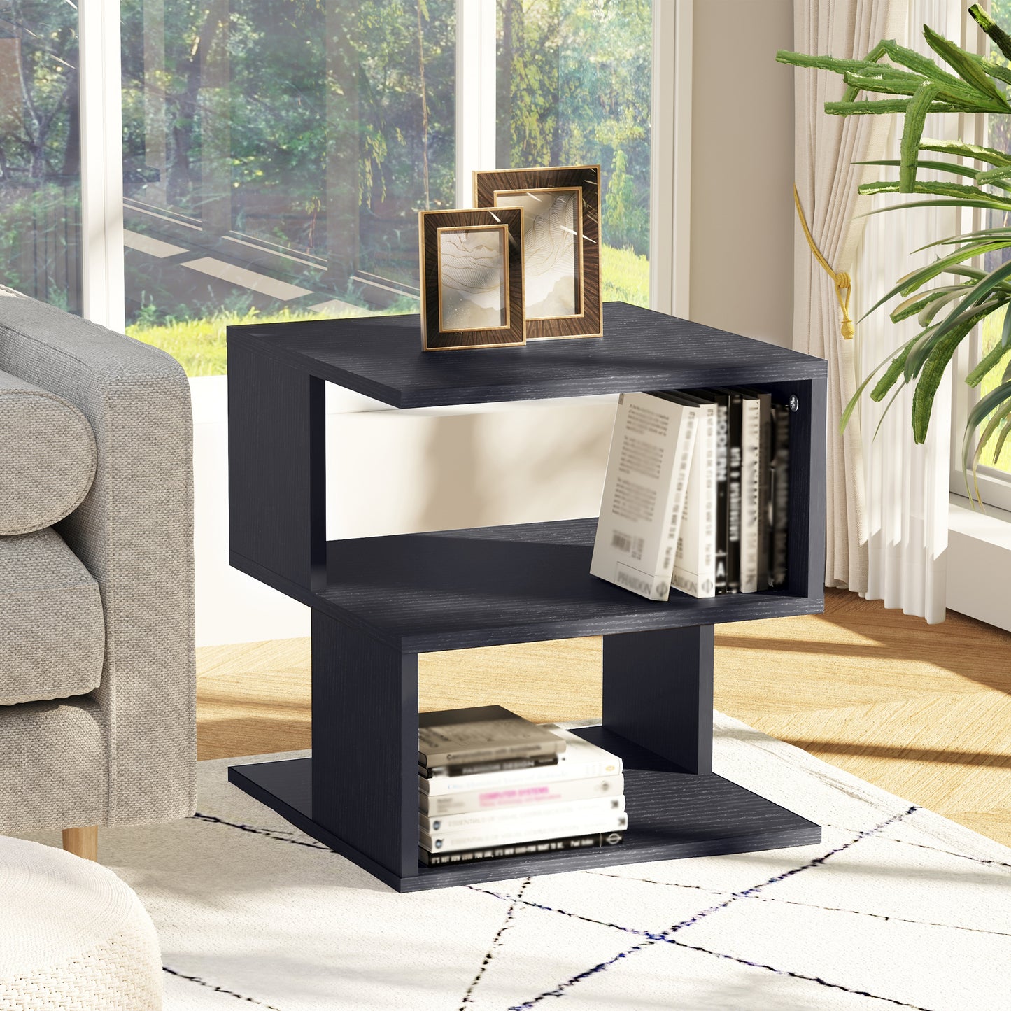 Moyofa Wooden Black Square Side Table With 2 Tier Storage