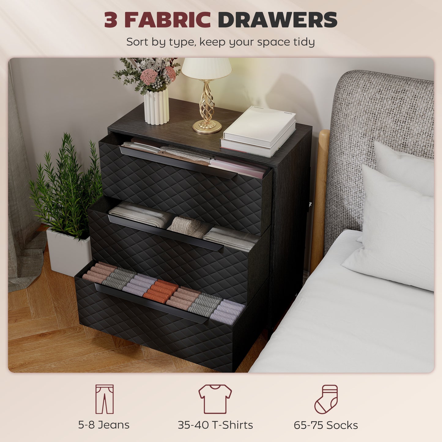 Salimo Metal Black 3 Fabric Drawer Storage Dresser