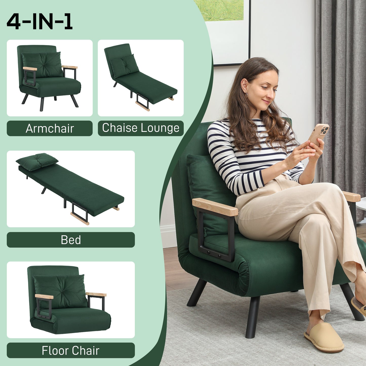 Zifayo Velvet Green 4 In One Convertible Single Chair Bed With Cushion