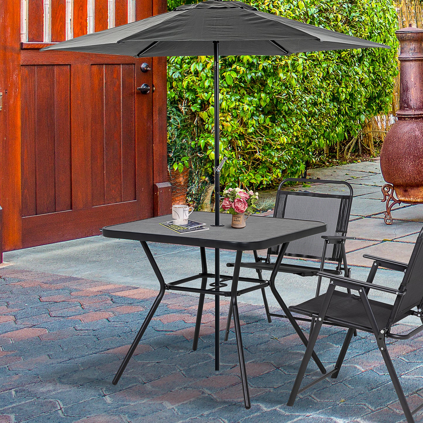 Nana Steel And Glass Square Outdoor Table With Marble Effect Top And Umbrella Hole