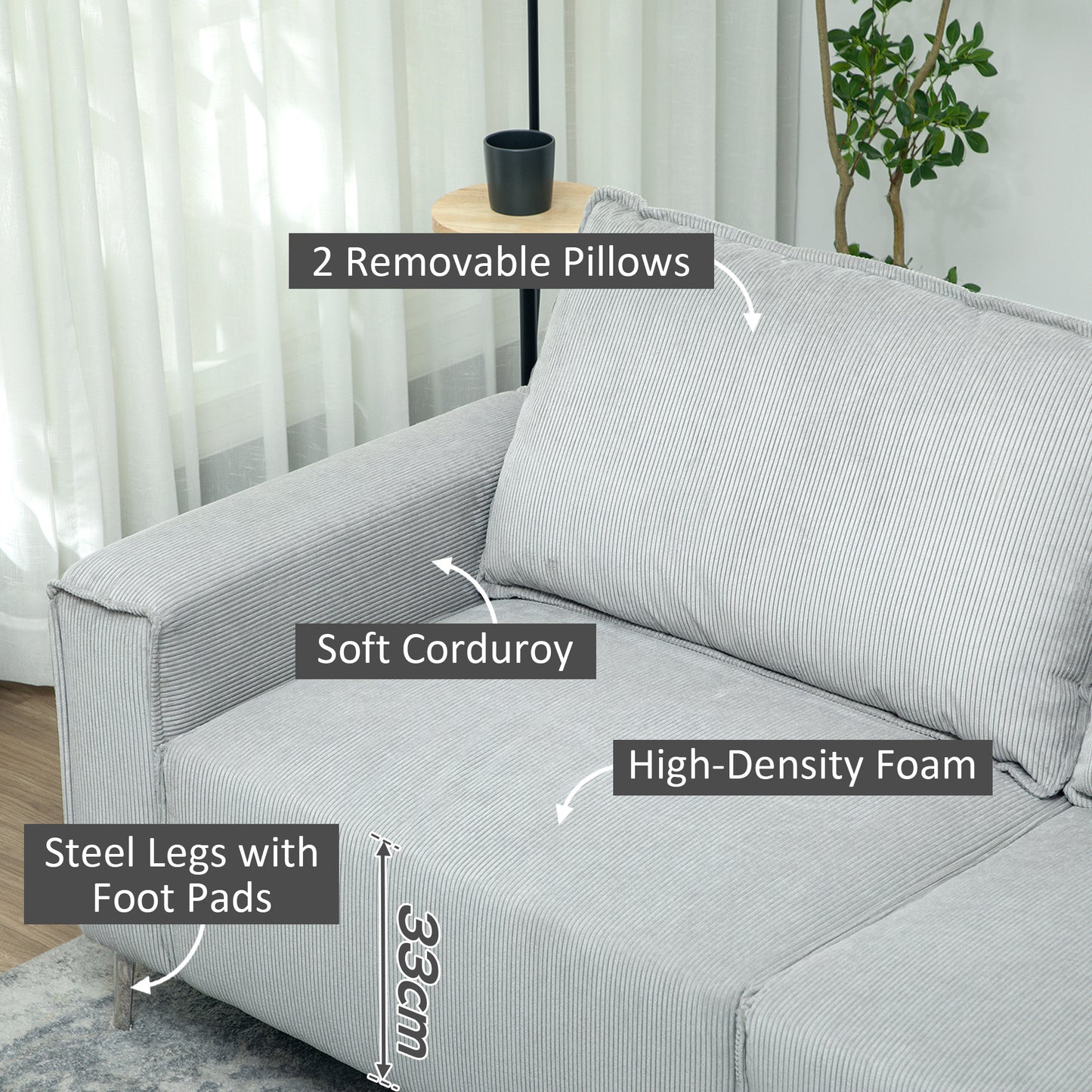 Pael Corduroy Light Grey 3 Seater Sofa Silver Metal Legs
