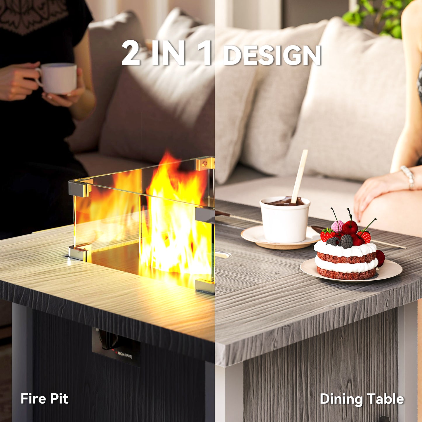 Lenefa Steel Grey Wood Effect Outdoor Gas Fire Pit Table