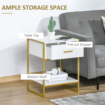 Niva White And Gold Set Of 2 Modern Bedside Tables With Drawer And Shelf