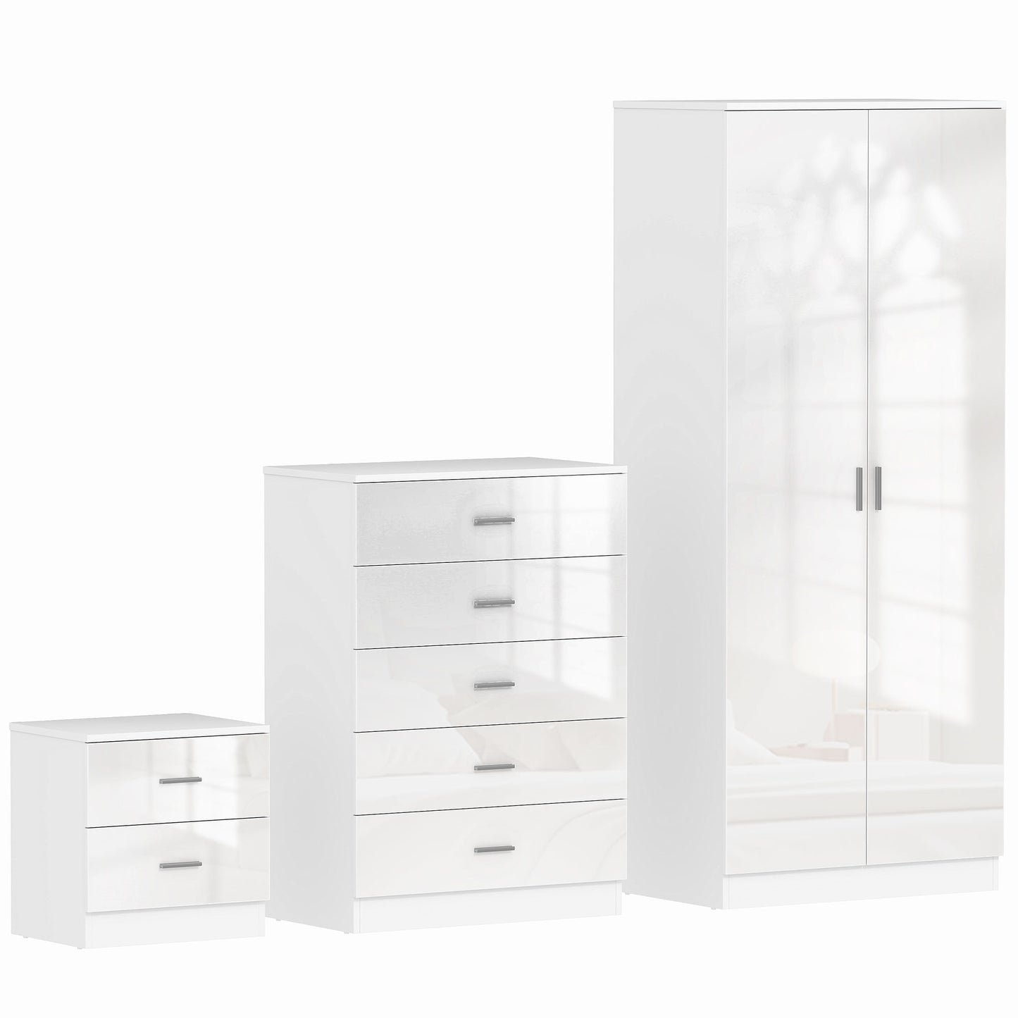 Belatera High Gloss White 3 Piece Bedroom Furniture Set Wardrobe Chest of Drawers And Bedside Table