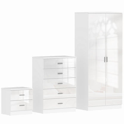 Belatera High Gloss White 3 Piece Bedroom Furniture Set Wardrobe Chest of Drawers And Bedside Table