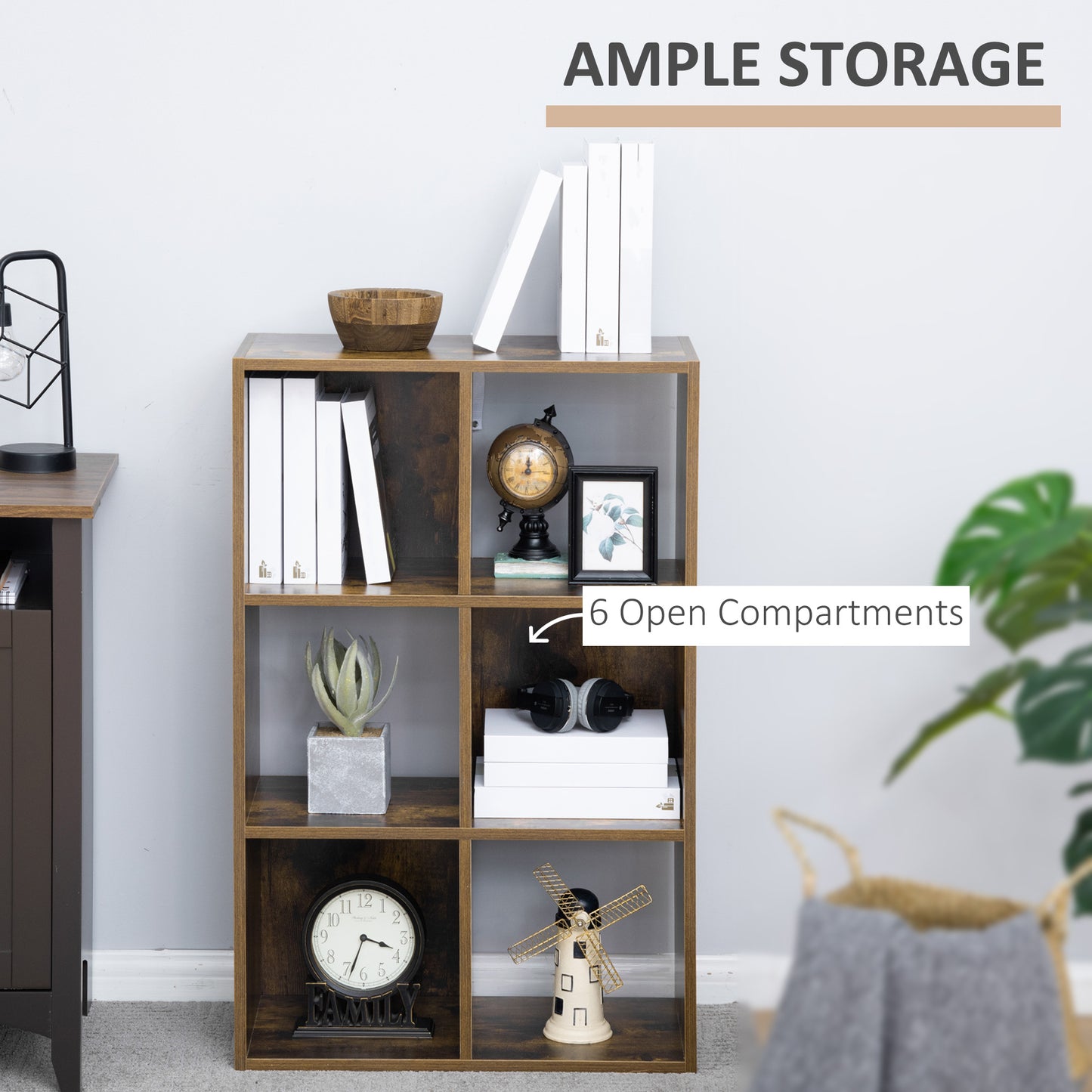 Soke Mara Metal And Wood Rustic Brown Industrial 6 Compartment Freestanding Bookcase
