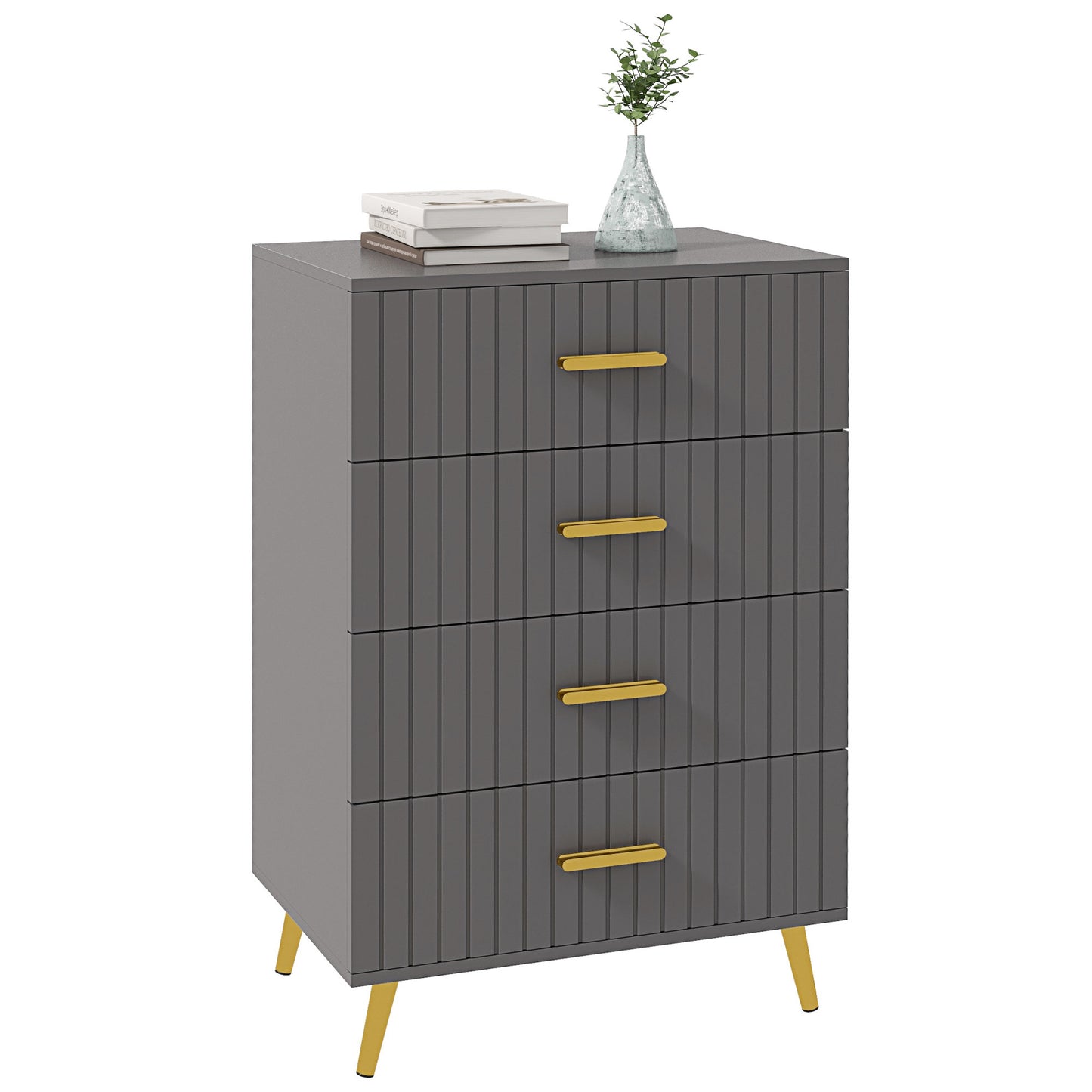 Zine Wooden Grey And Gold Tone 4 Drawer Embossed Dresser