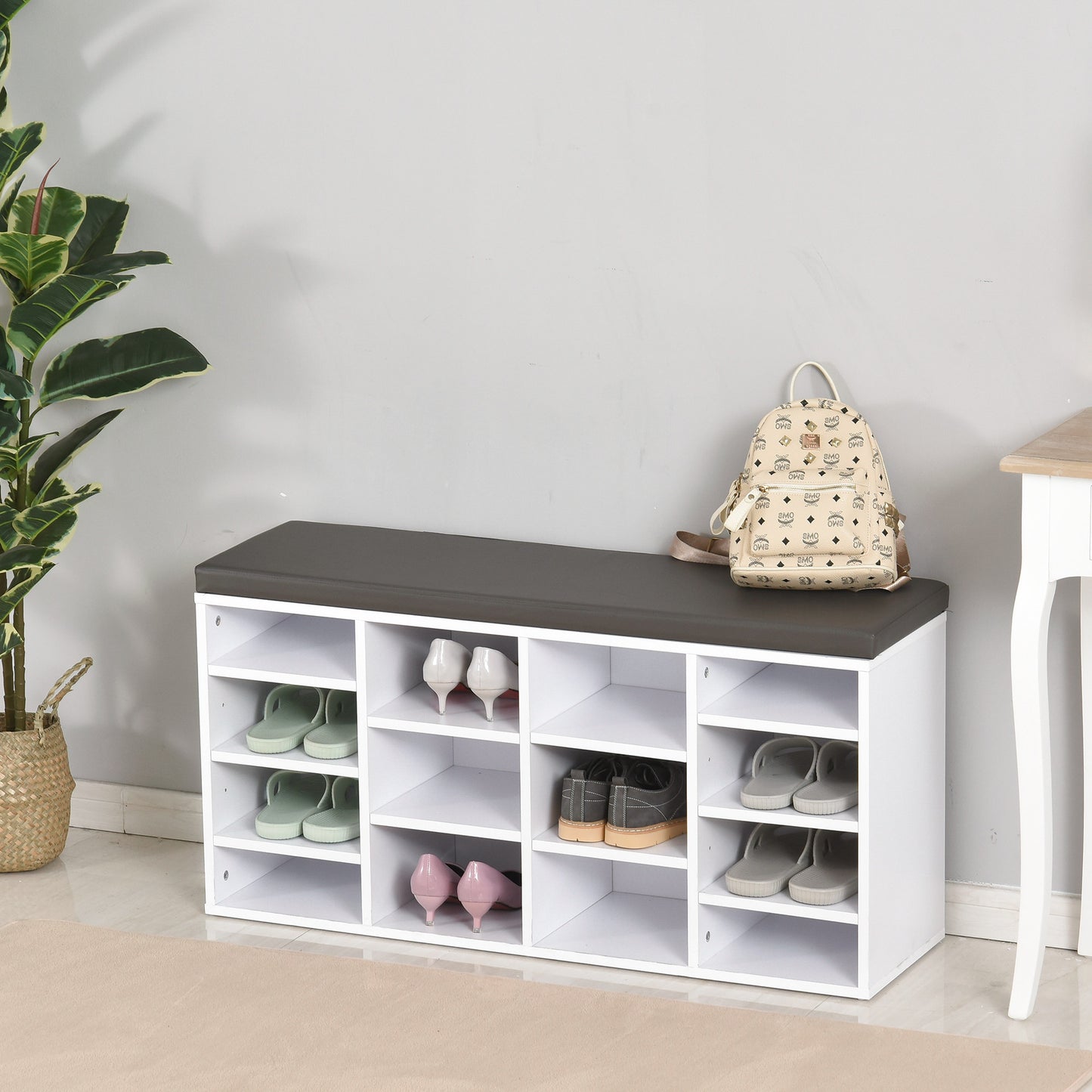 Noro Wooden White Multi Compartment Shoe Rack With Grey Cushion