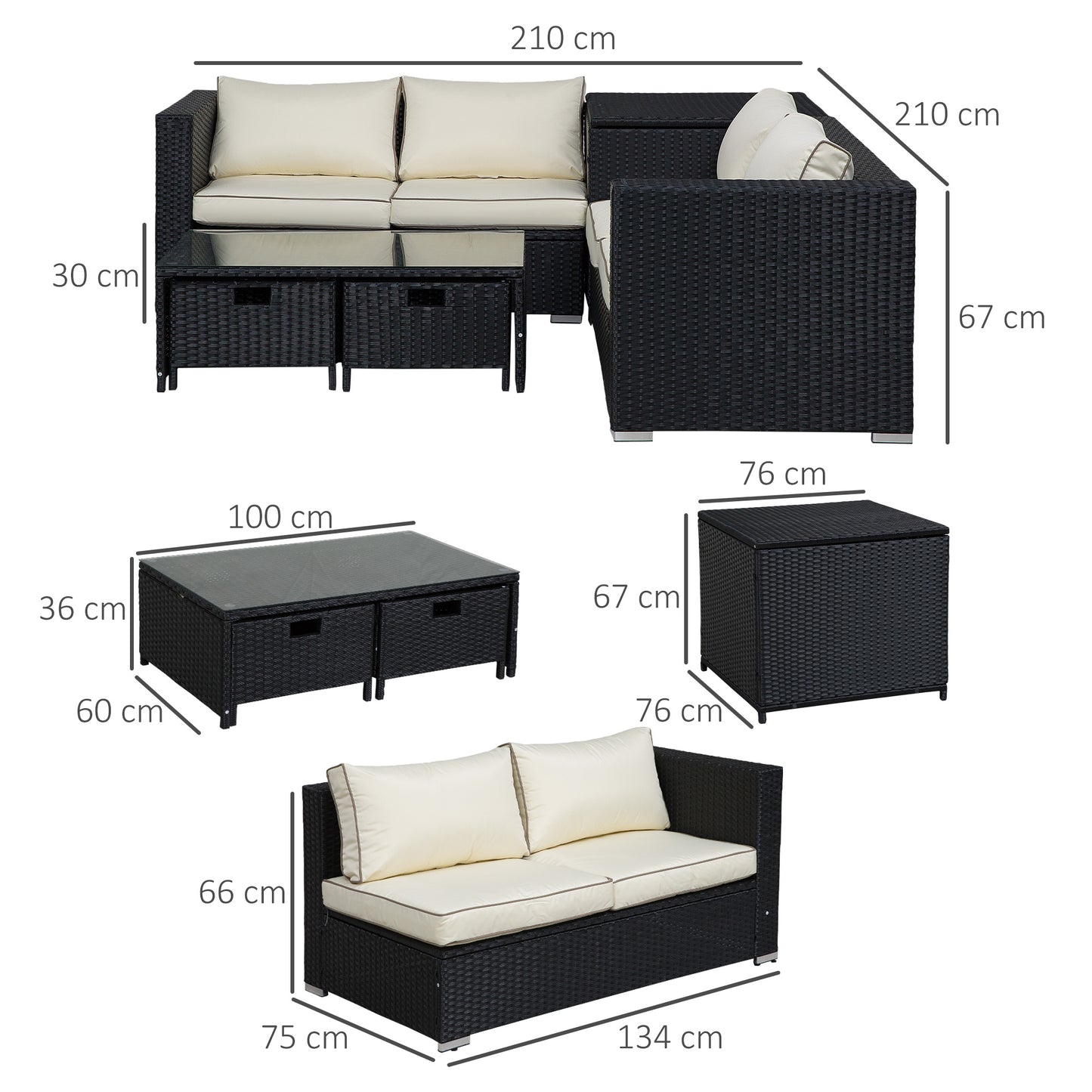 Nonasa Rattan Black 4 Piece Corner Garden Sofa Set With Storage Coffee Table
