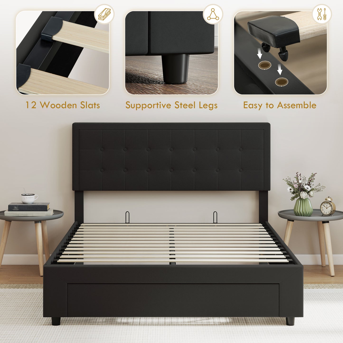 Mora 4FT6 Double Ottoman Bed Frame with Front Divan Drawer Storage Black