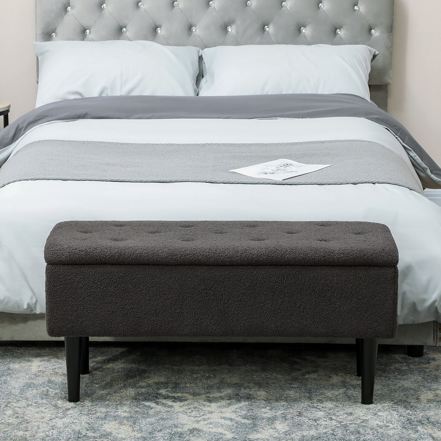 Nevano Boucle Dark Grey Storage Ottoman Teddy Fleece Diamond Tufted Lid