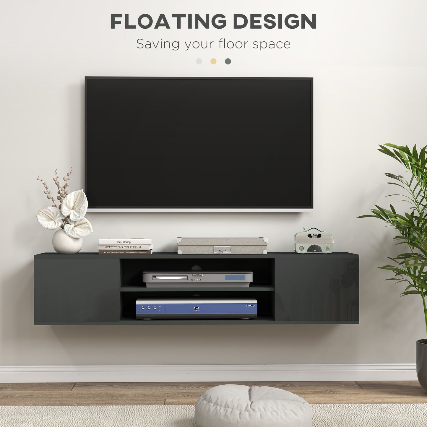 Minoco Wooden Grey Floating TV Stand With Shelf and Doors For Screens Up To 60 Inches