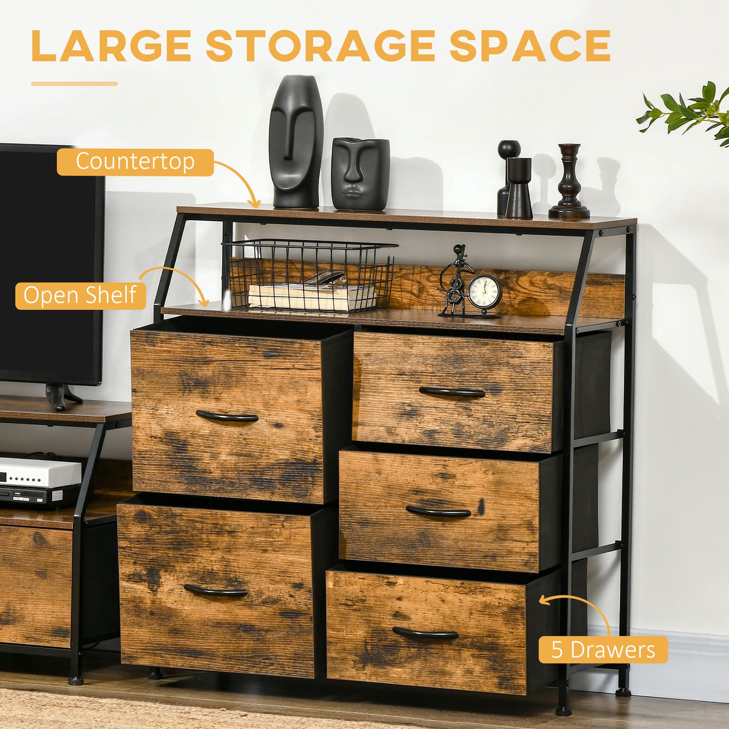 Rasozi Metal And Fabric Rustic Brown 5 Drawer Industrial Storage Chest With Shelf Shelf
