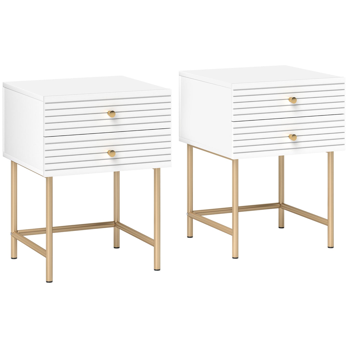 Satosu Set Of 2 White And Gold Elegant Bedside Tables with Ribbed Drawers