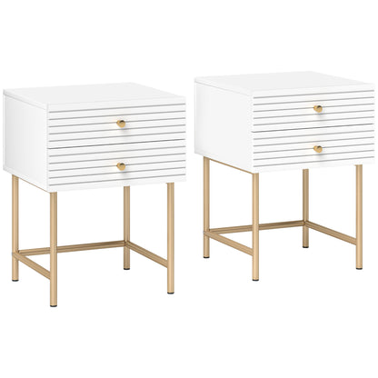 Satosu Set Of 2 White And Gold Elegant Bedside Tables with Ribbed Drawers